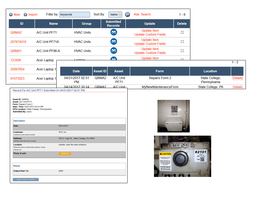 QR Mobile Data equipment list, submitted record, and HVAC equipment photos.