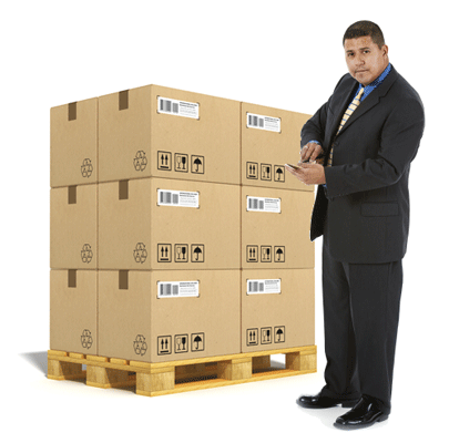 Worker recording barcode-labeled cartons during a stocktake.