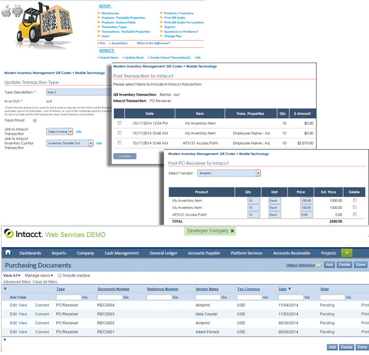 QR Inventory and Intacct integration diagram
