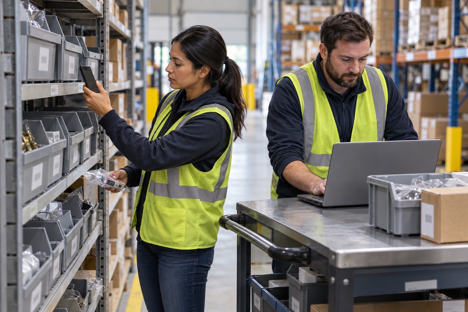 A warehouse specialist scans a parts bin while a colleague reviews inventory information on a laptop.