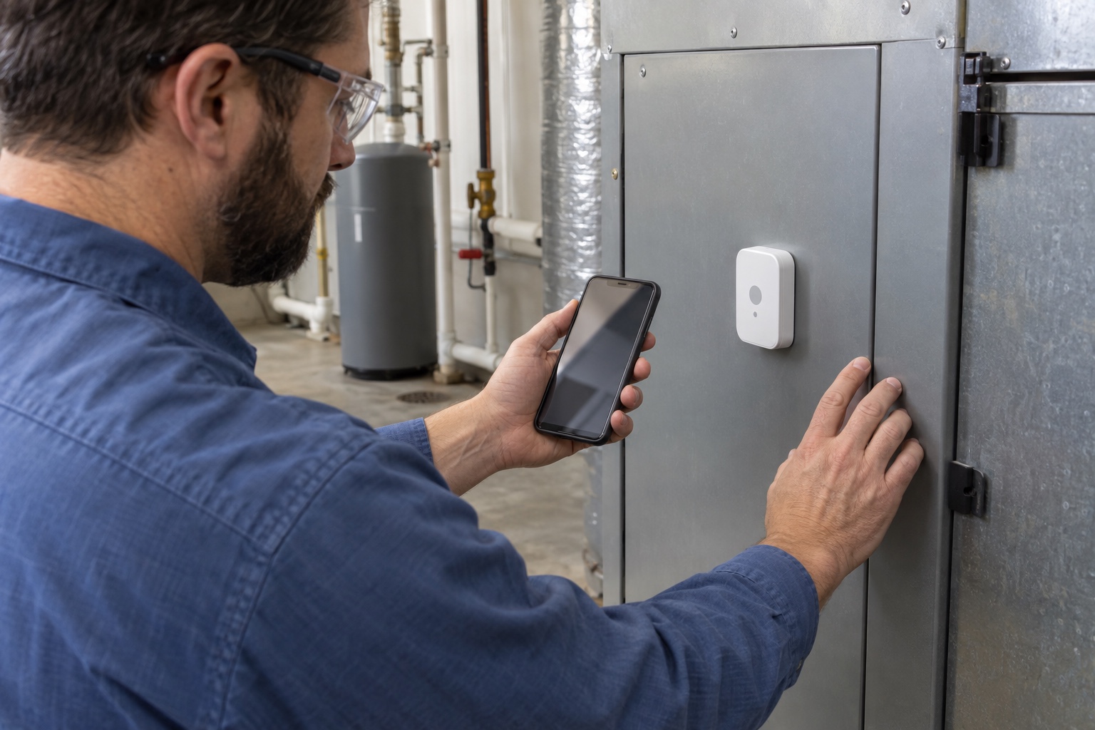 A technician holds a phone near a wireless sensor mounted on a closed mechanical cabinet.
