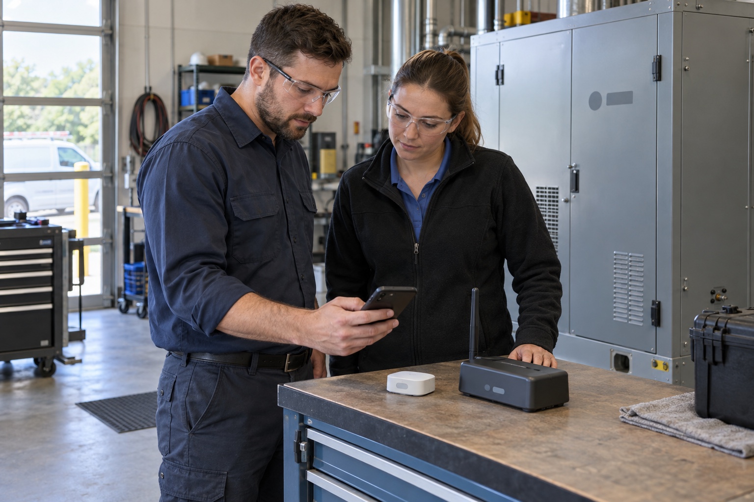 A technician and operations coordinator review a phone beside a closed sensor and gateway.