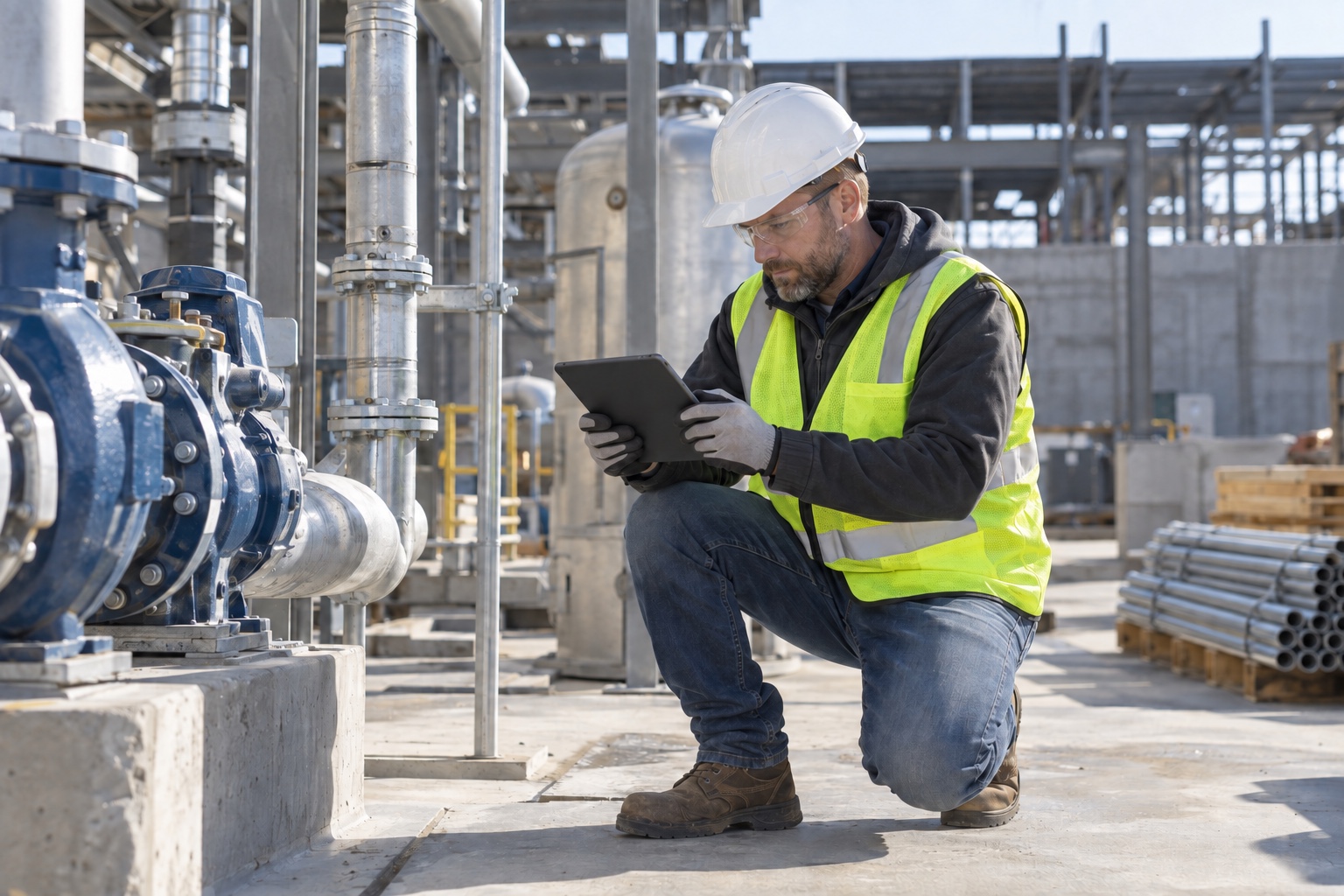 A contractor wearing required PPE records a site inspection on a tablet.