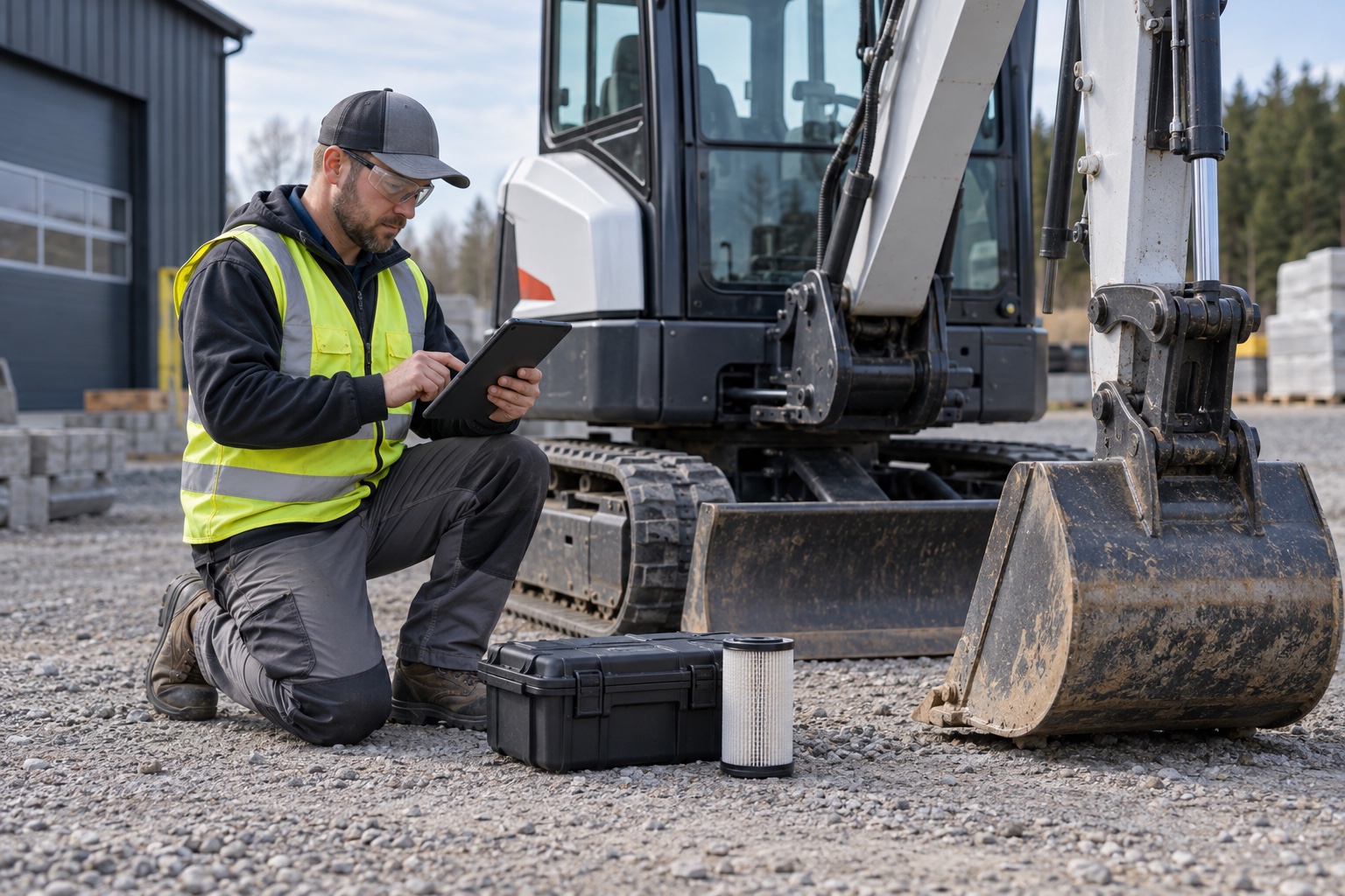 A field-service technician records completed maintenance beside safely parked contractor equipment.