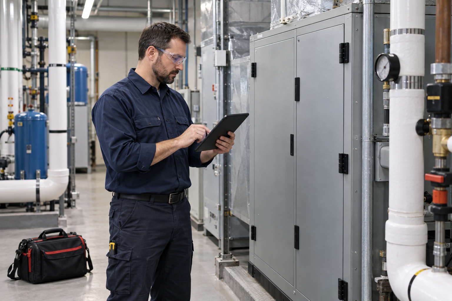 A facilities technician records a scheduled inspection beside closed building equipment.