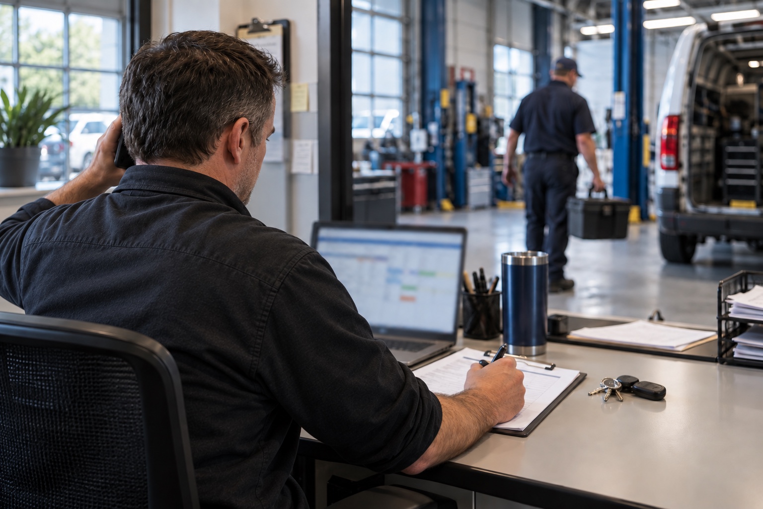 A service dispatcher assigns a field job while a technician prepares to leave the service bay.