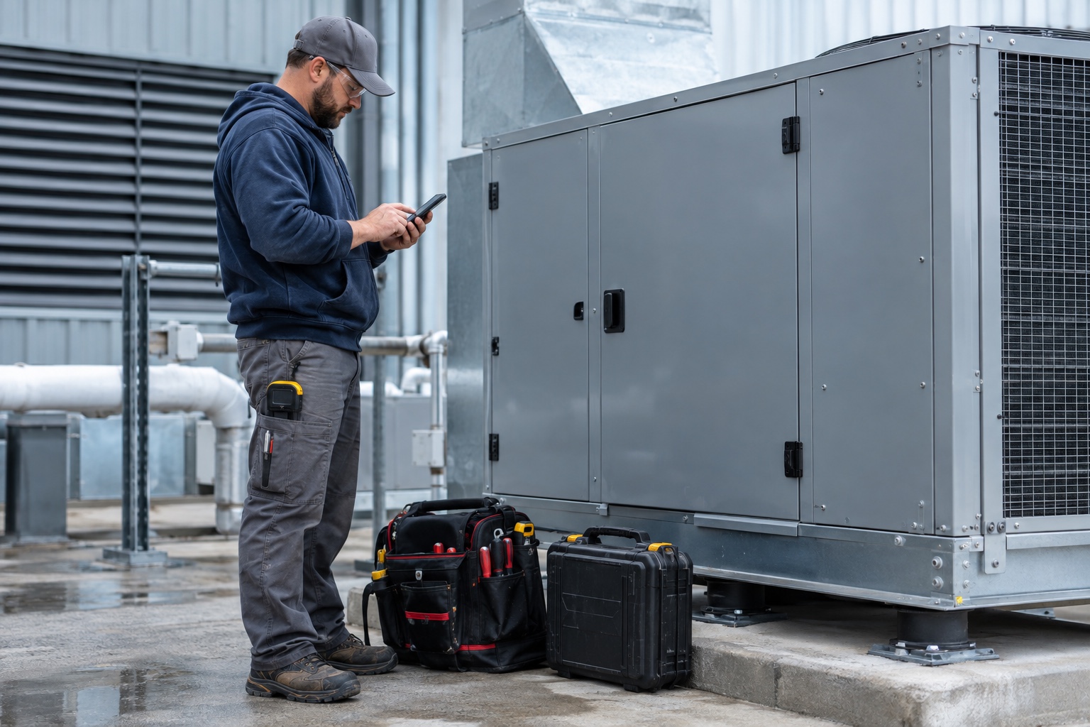 An HVAC technician records service details on a phone beside a closed mechanical unit.