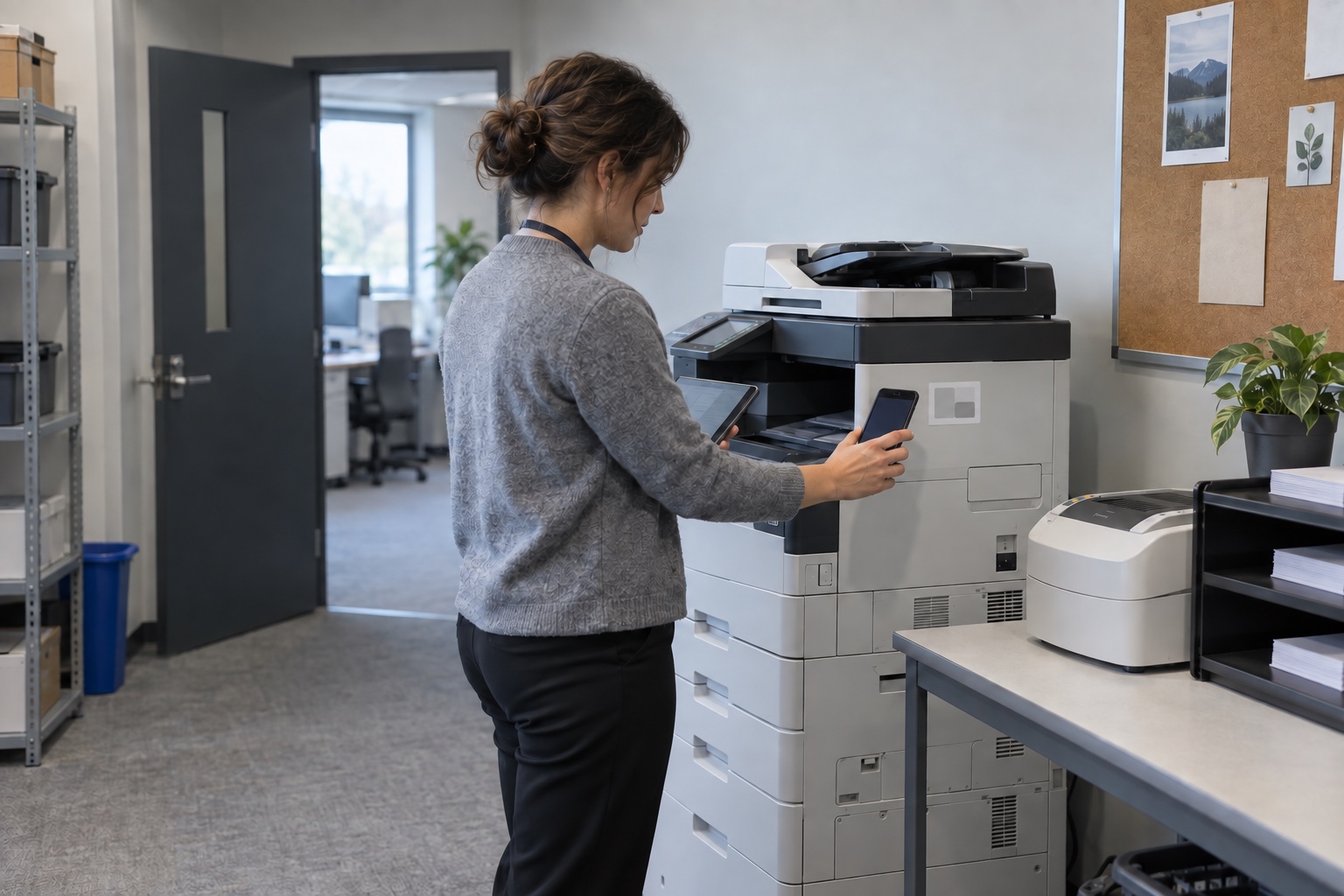 An auditor verifies the location of tagged office equipment with a smartphone and tablet.