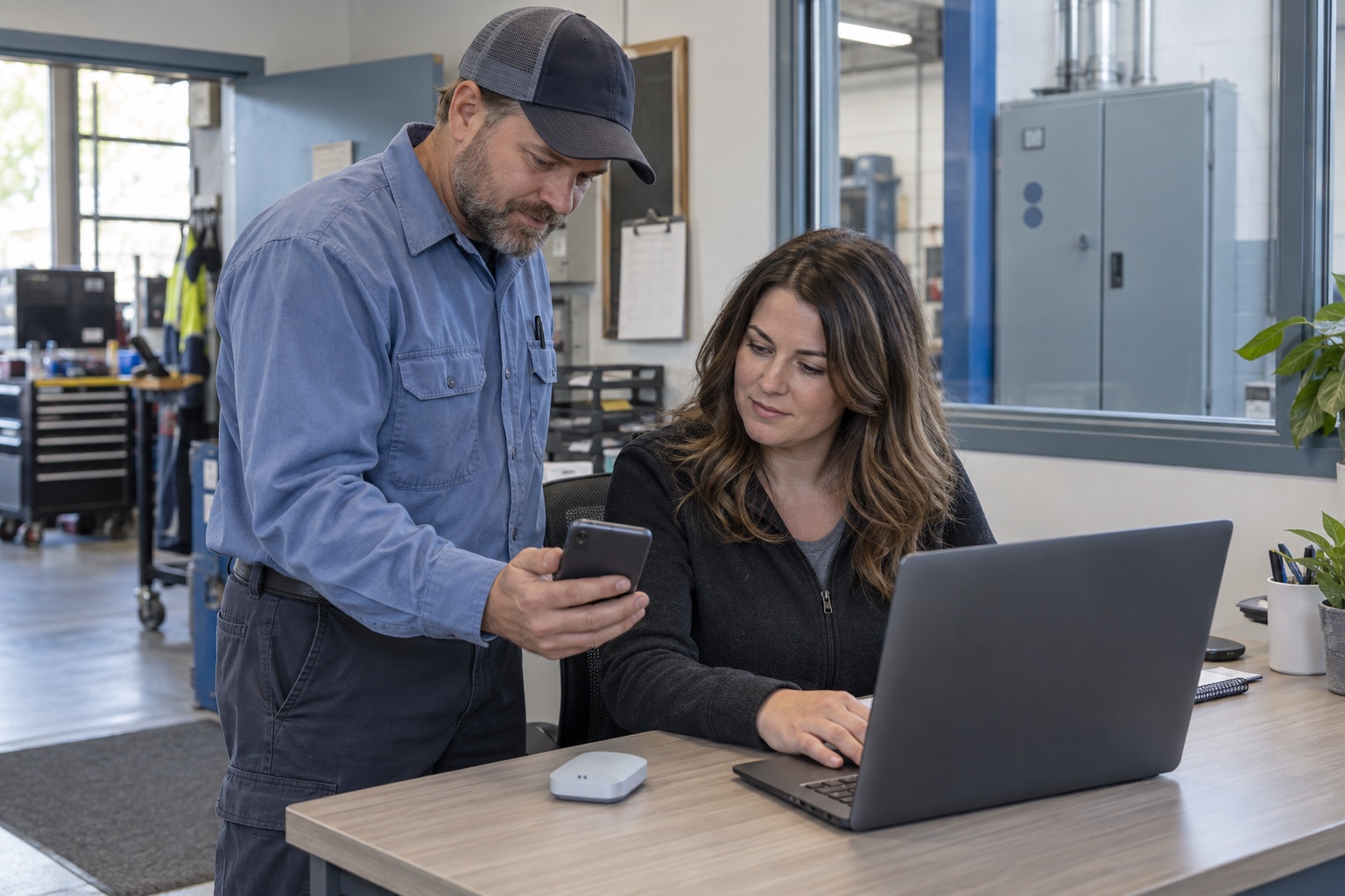 A field technician shows a phone to an office colleague beside a closed device and laptop.