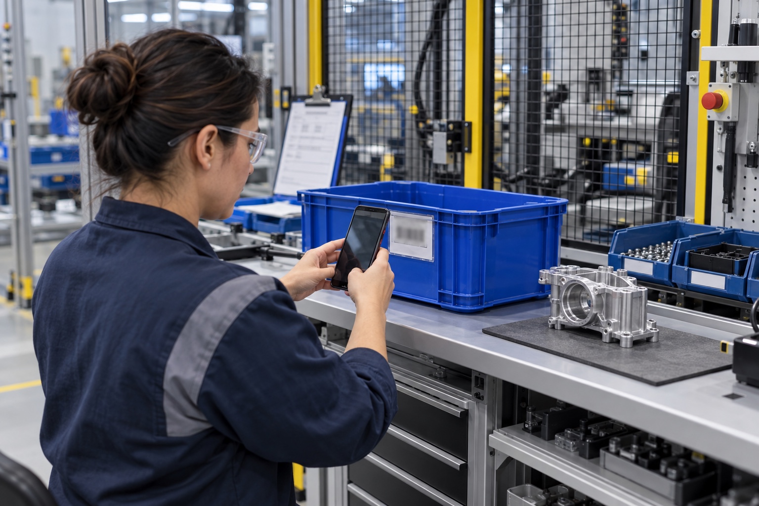 A manufacturing operator scans a work-order or material label at a guarded assembly station.