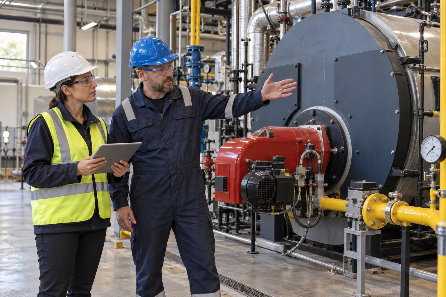 A field-service manager and technician coordinate scheduled work beside a commercial boiler.