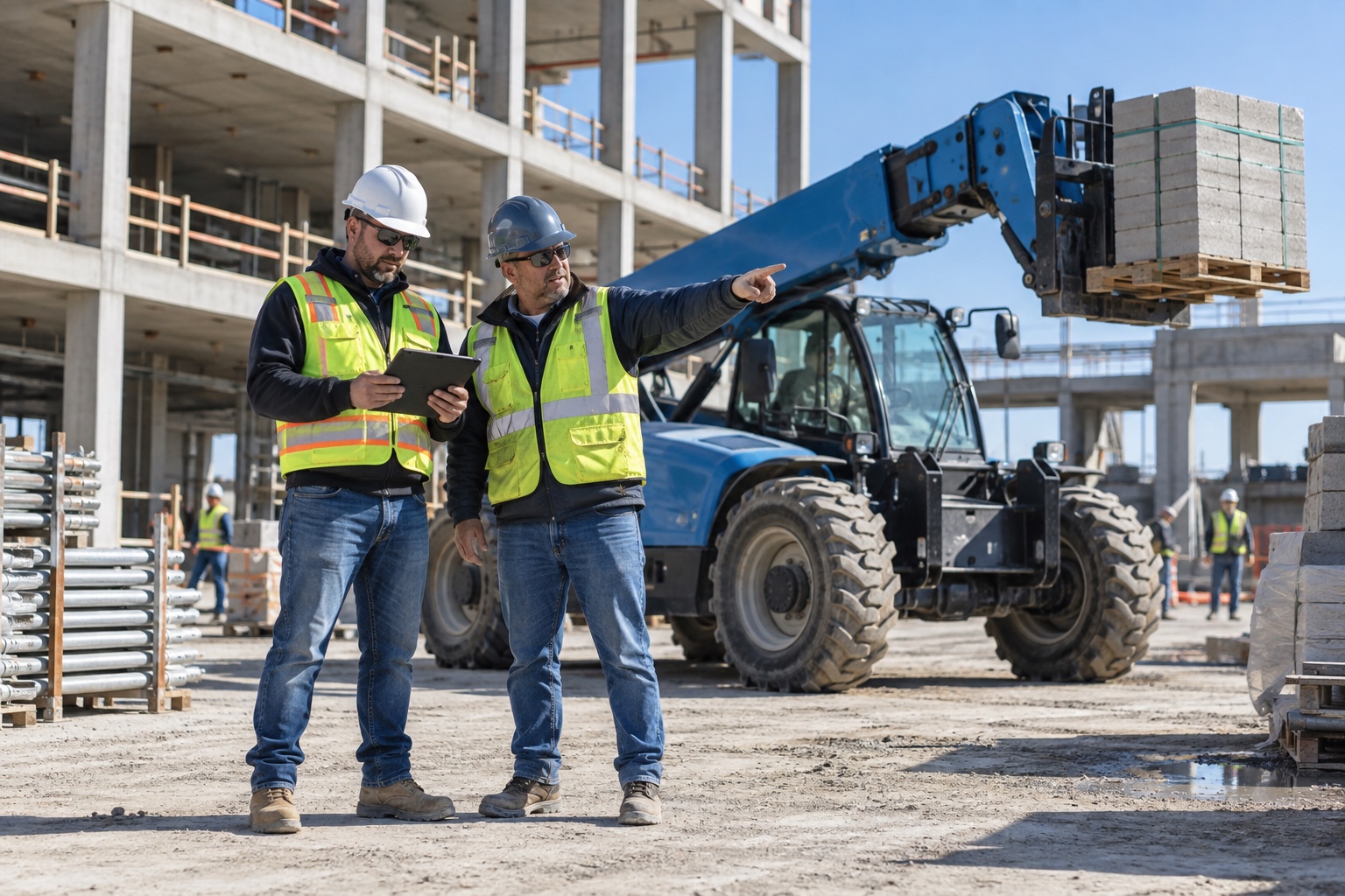 A construction superintendent and foreman coordinate tasks beside a parked telehandler.
