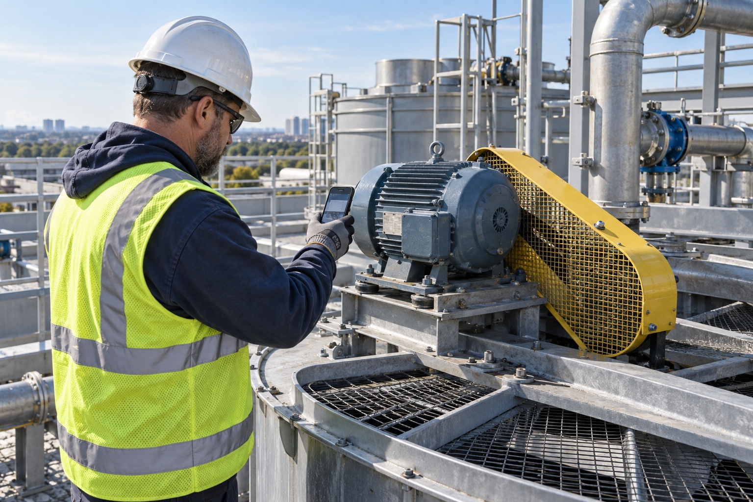 A maintenance technician uses a smartphone beside a cooling-tower fan motor.