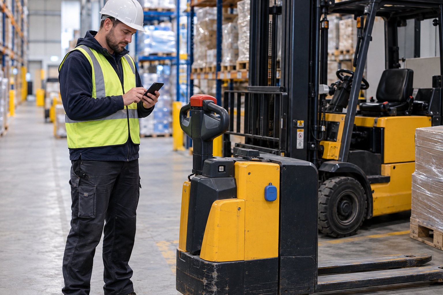 A warehouse coordinator checks a phone beside a tagged electric pallet jack and parked forklift.