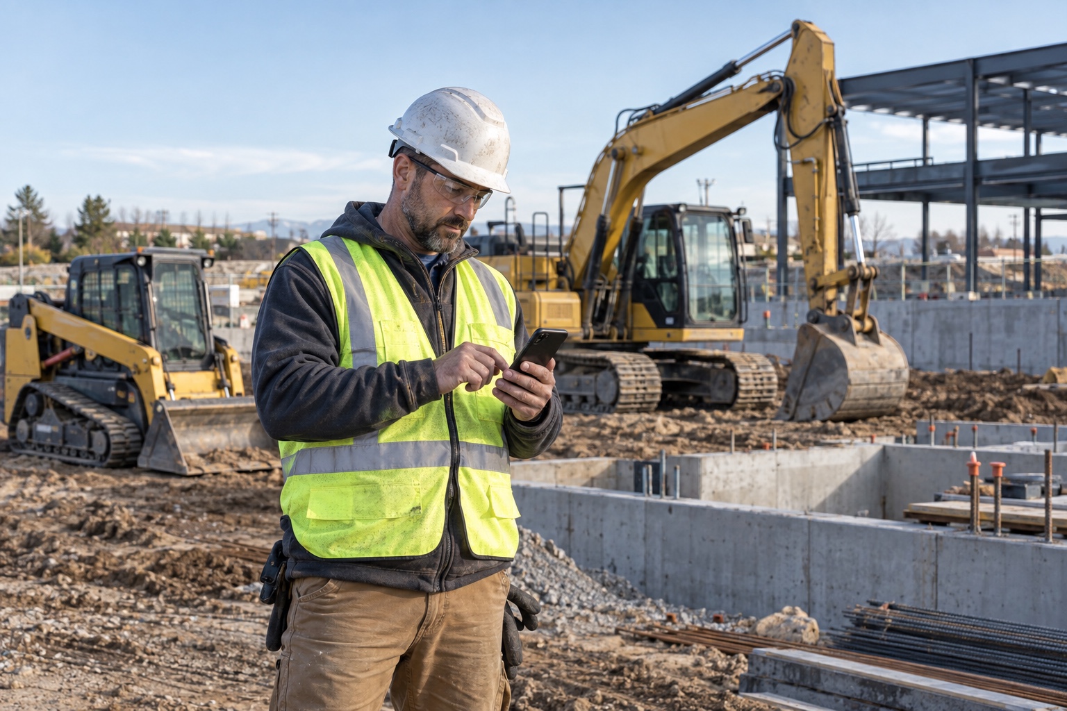 A construction foreman records job-site form details beside a parked excavator and skid steer.
