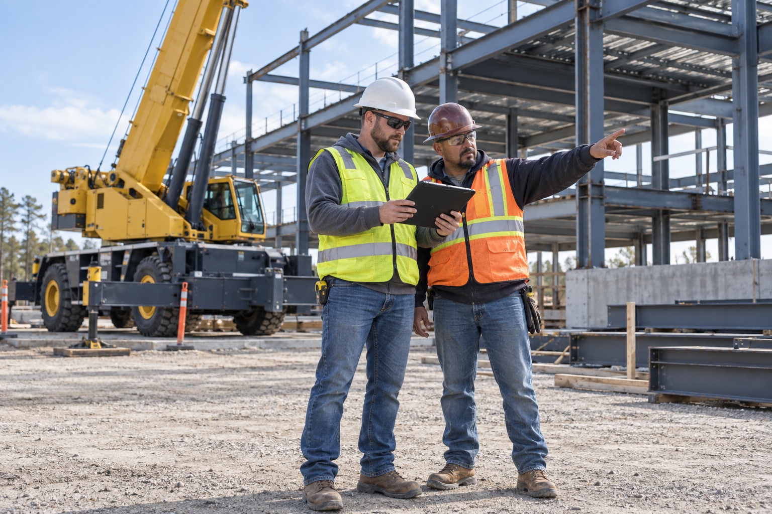 Two construction workers review a field document on a tablet beside a crane and steel frame.
