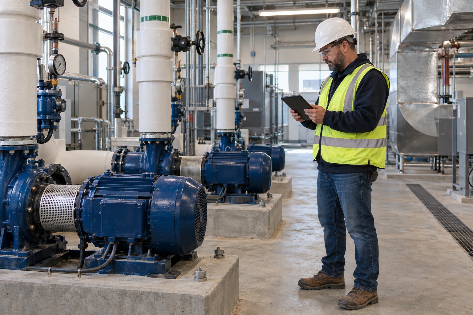A construction superintendent records a punch-list item beside pumps and HVAC equipment.