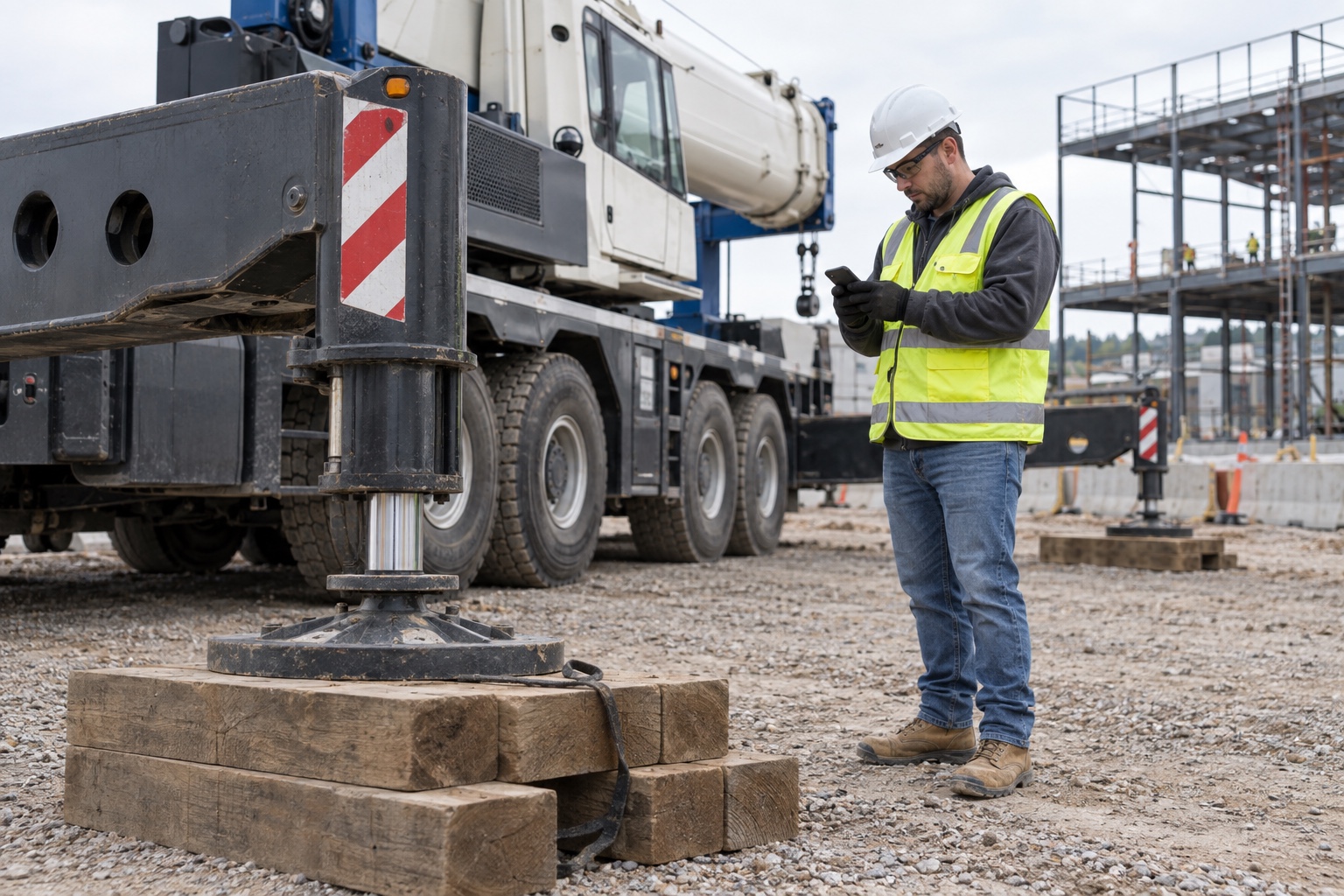 A construction safety manager records an inspection beside a deployed mobile-crane outrigger.