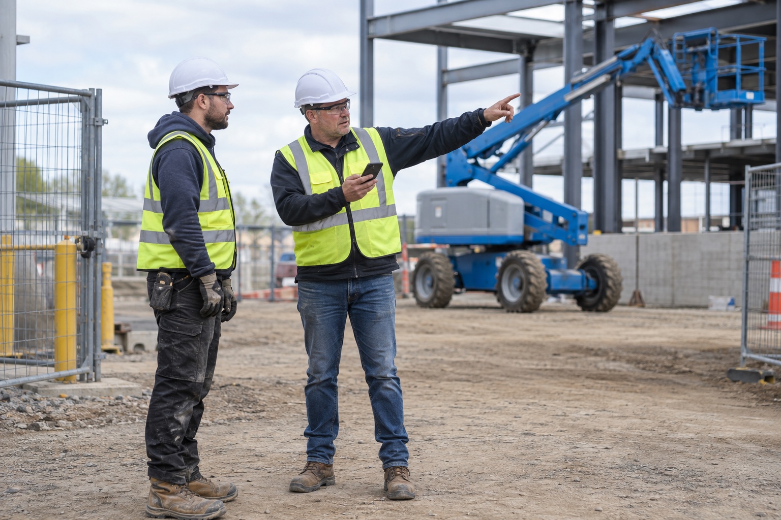 A site supervisor reviews an induction checklist with a new contractor beside a parked boom lift.