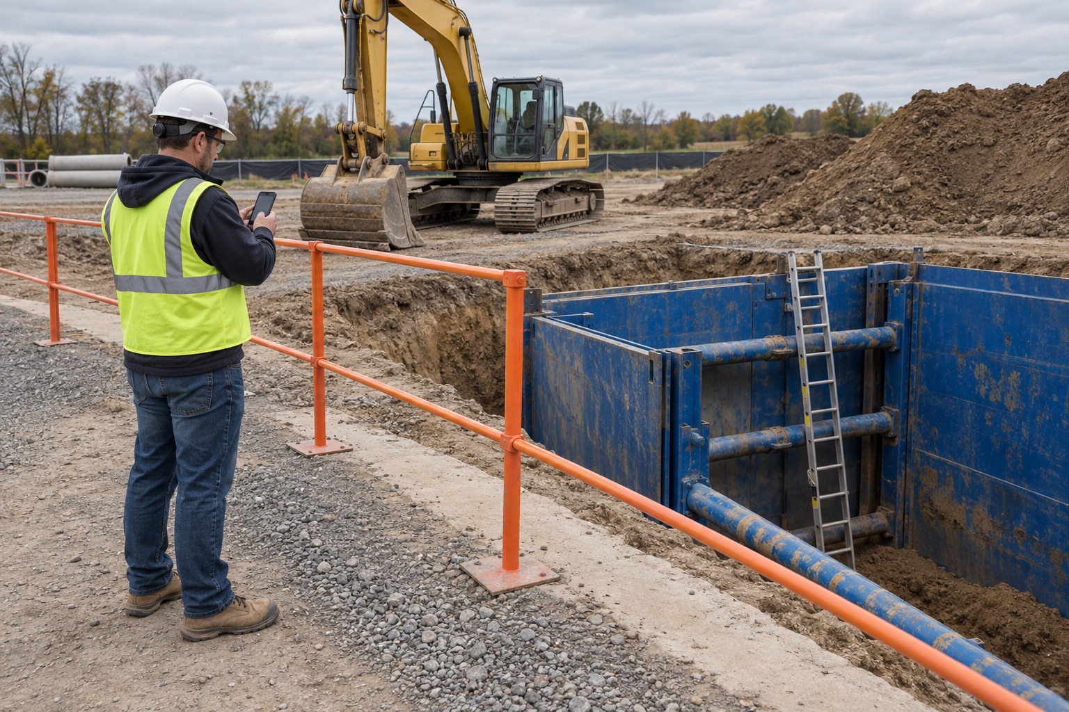 A construction inspector records trench conditions behind a guardrail near a trench shield and parked excavator.