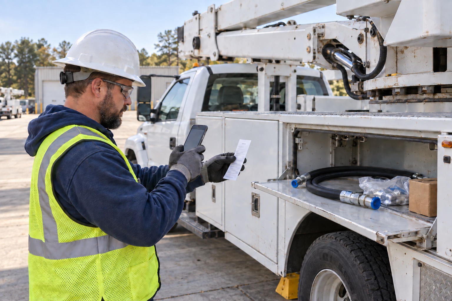 A utility technician photographs an expense receipt beside a parked bucket truck.