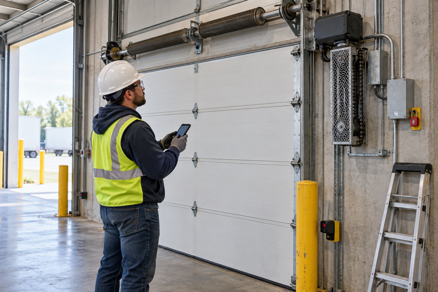 A field-service technician records a repair beside a commercial overhead-door drive.