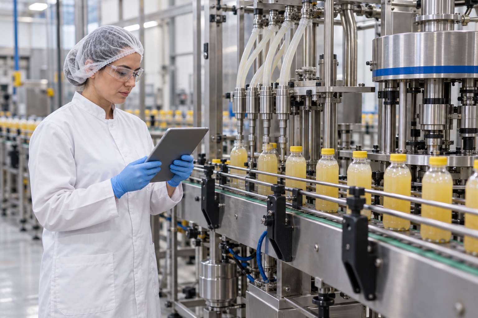 A food-production technician records an inspection beside a filling line.