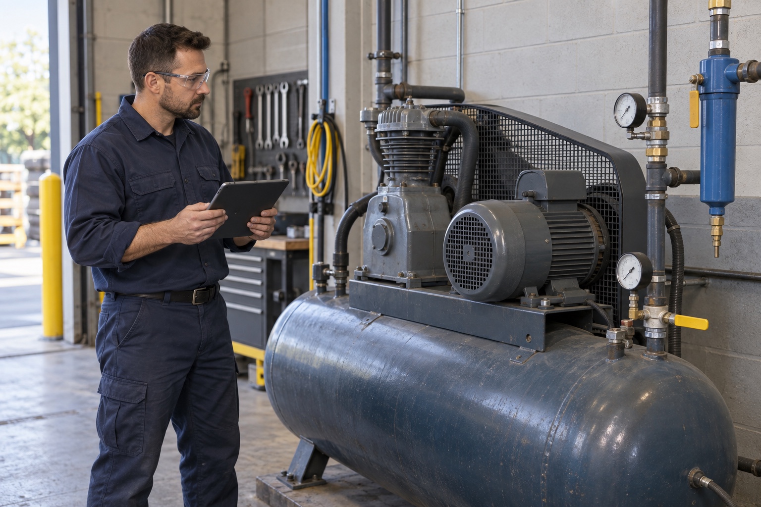 A service technician completes an air-compressor inspection on a tablet.