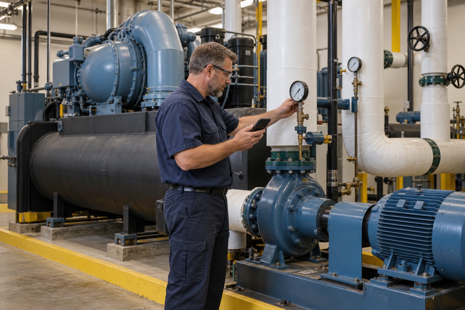 A commercial HVAC technician records a chiller and pump inspection on a smartphone.