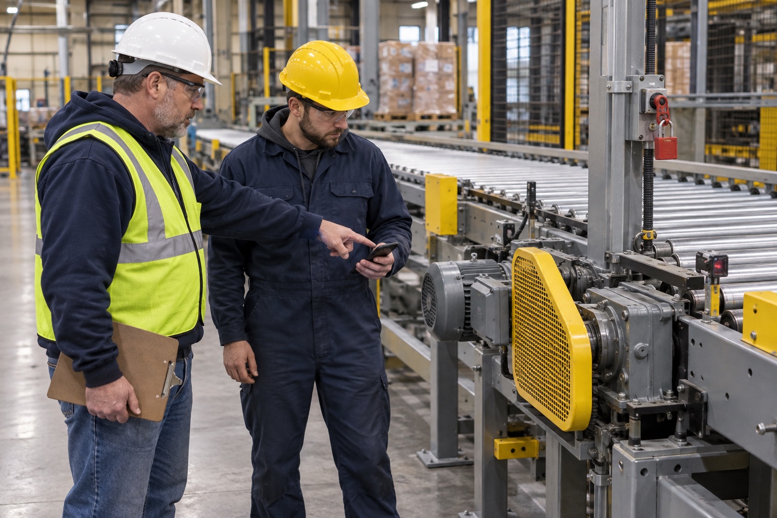 A supervisor hands off a conveyor maintenance job to a technician using a smartphone.