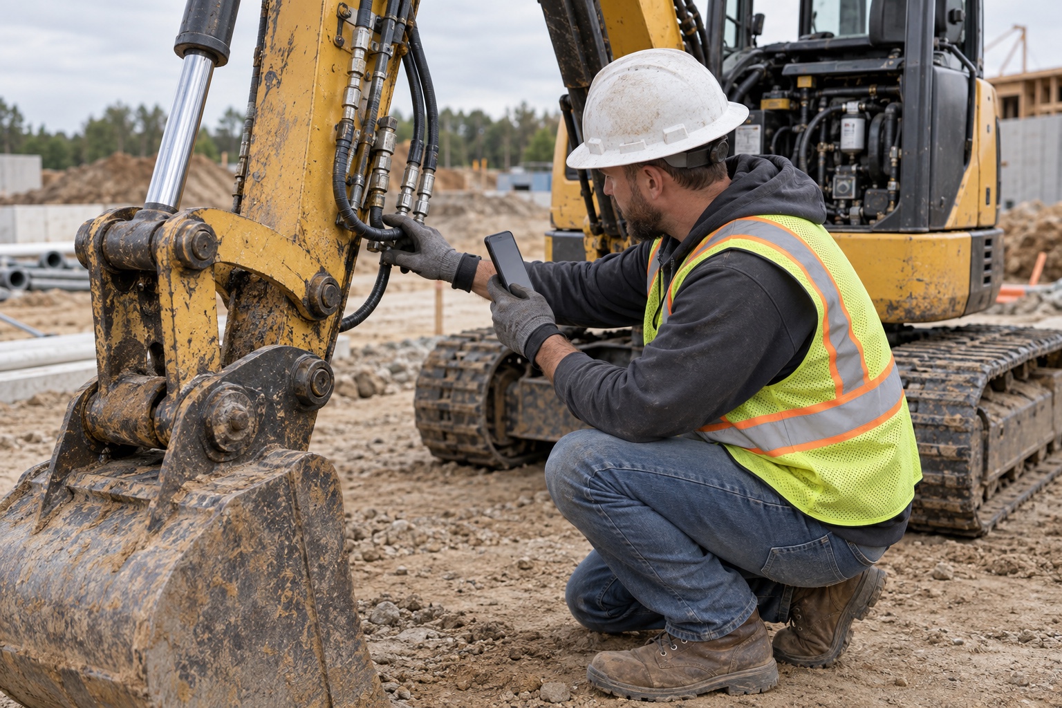 A contractor records an excavator hydraulic inspection on a smartphone.
