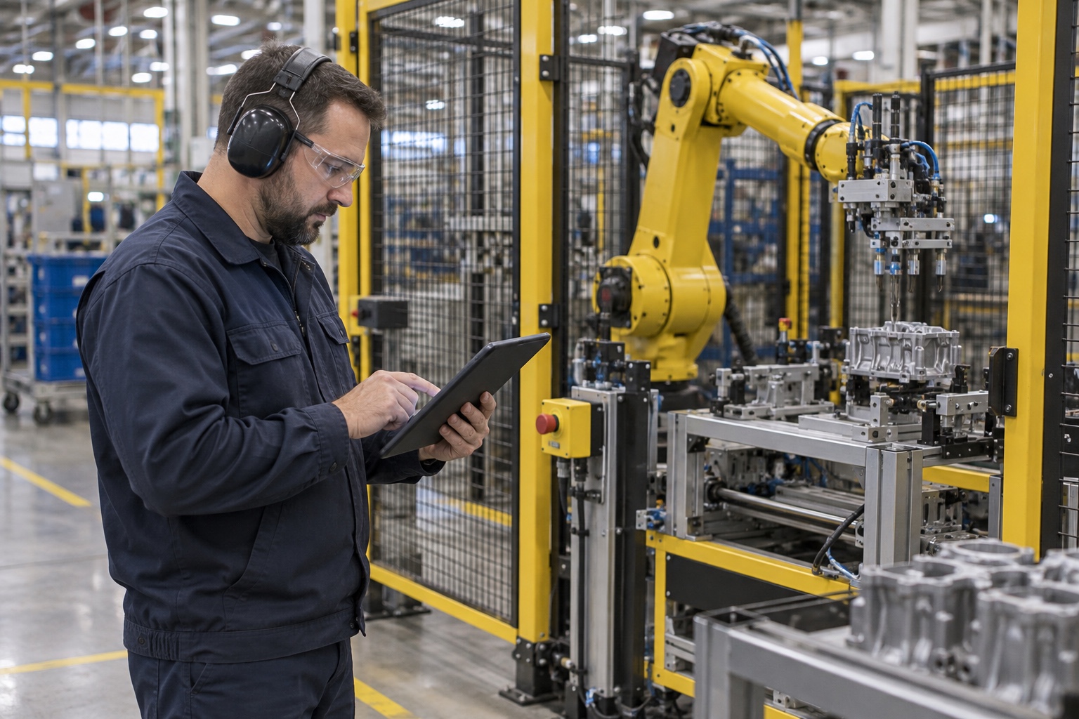 A manufacturing operator records a quality check beside a guarded industrial robot.