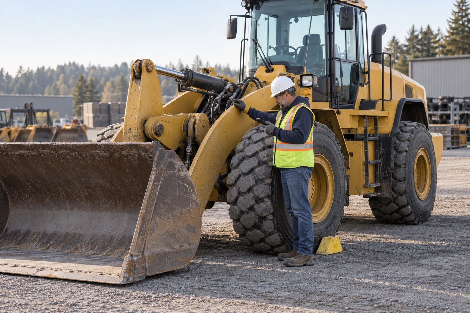 An operator inspects wheel-loader hydraulics while the machine is parked with an empty cab.