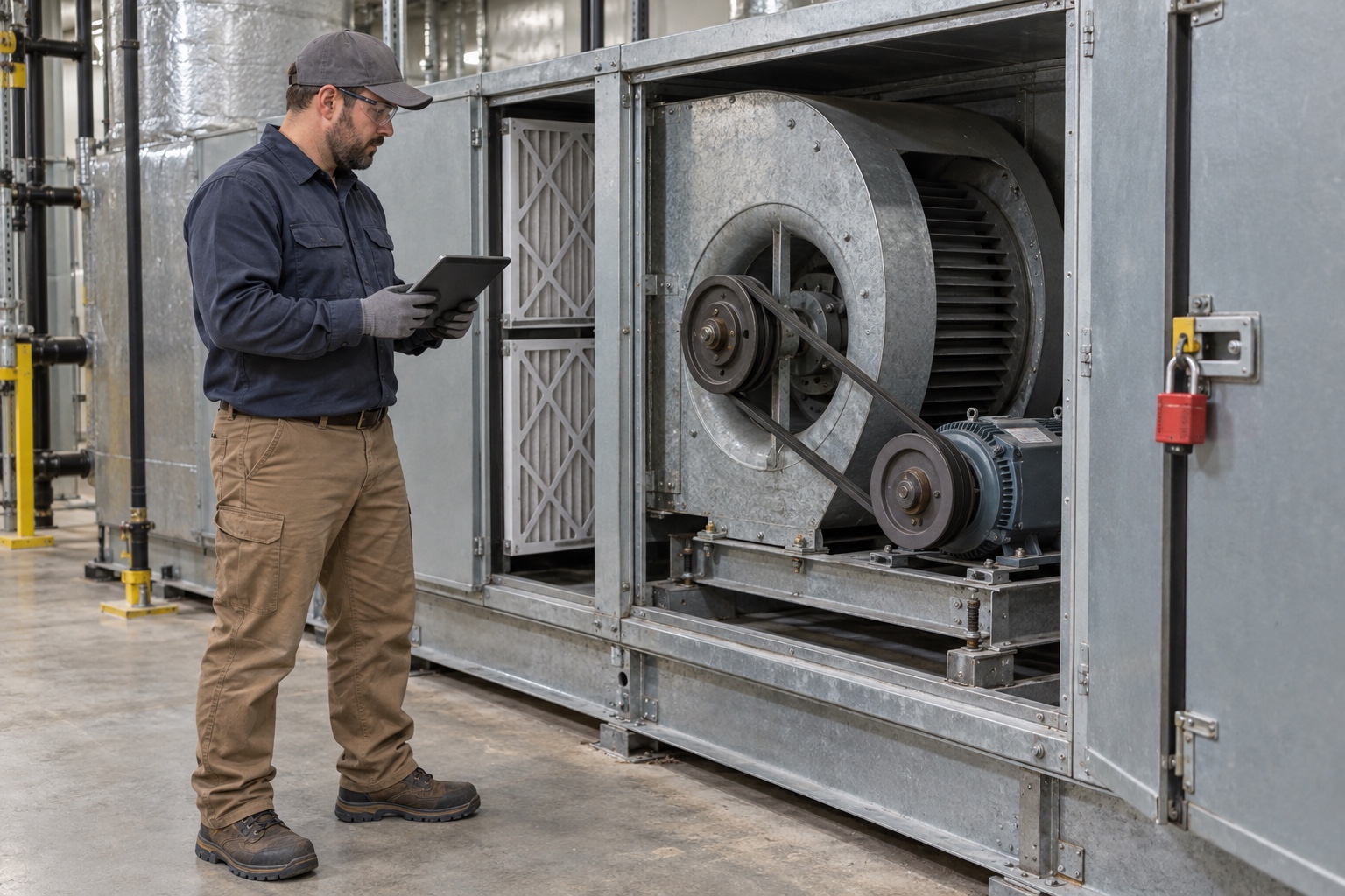 An HVAC technician records maintenance beside a locked-out air-handler blower and belt drive.