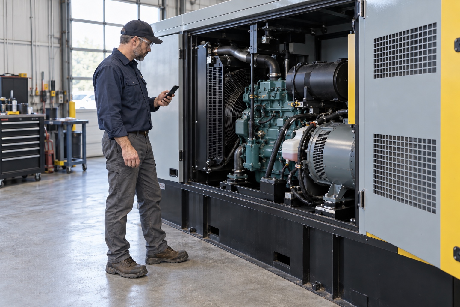 A field-service technician records work beside an open industrial diesel generator.