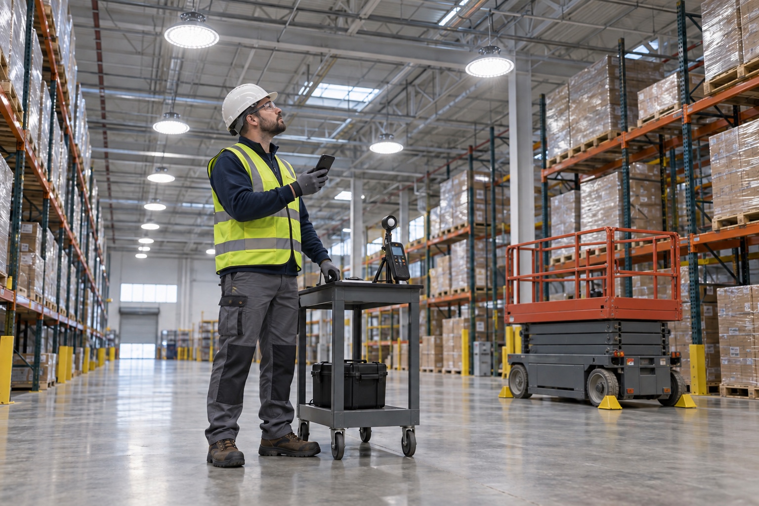 A facilities technician checks high-bay LED lighting with a meter beside a collapsed scissor lift.