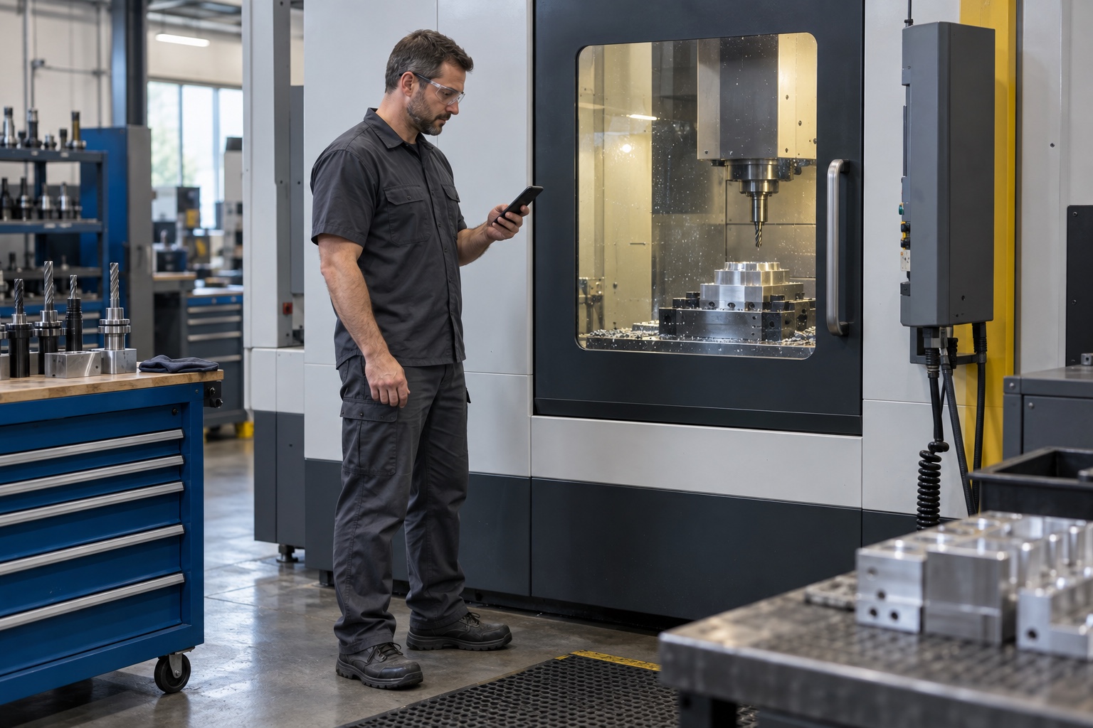 A manufacturing operator records a work step beside a CNC machining center.