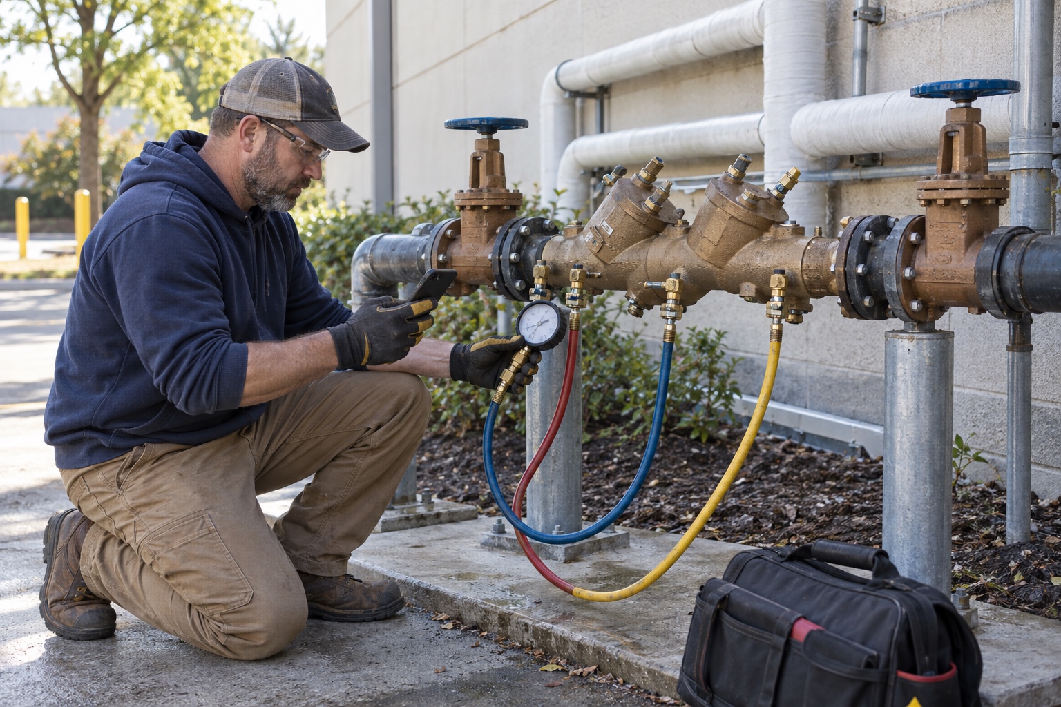 A mechanical contractor records a backflow-preventer test while checking a pressure gauge.