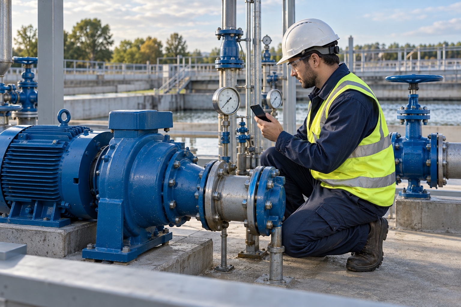 A field technician records pump readings on a smartphone at a water-treatment facility.