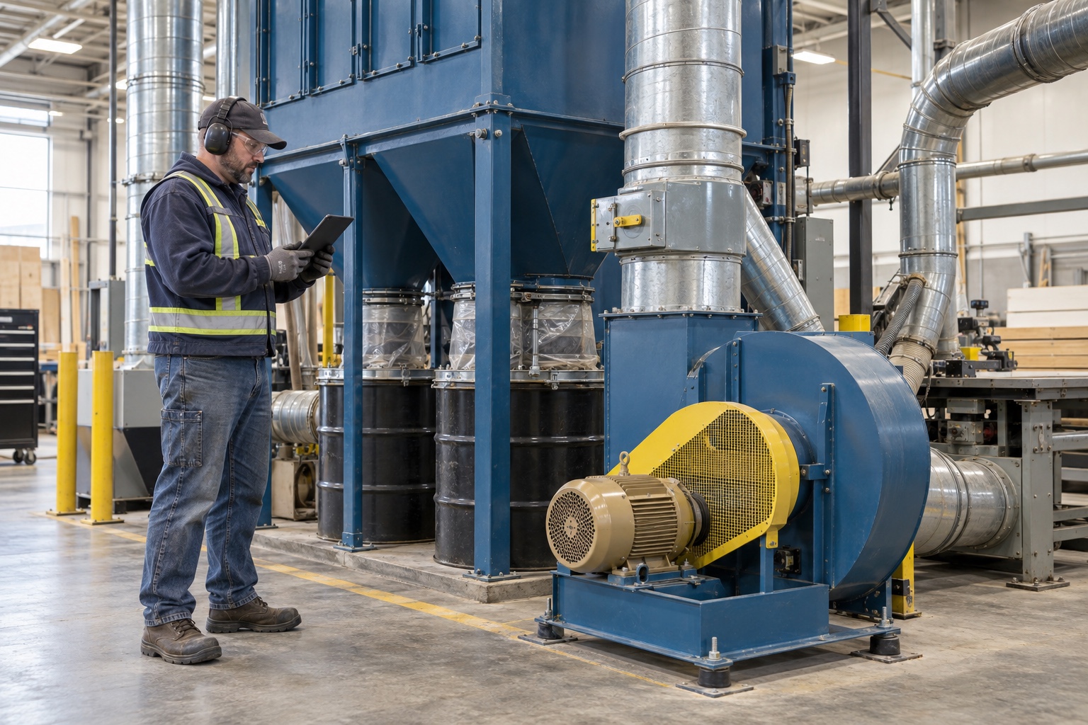 A field-service supervisor records an inspection beside an industrial dust-collection system.