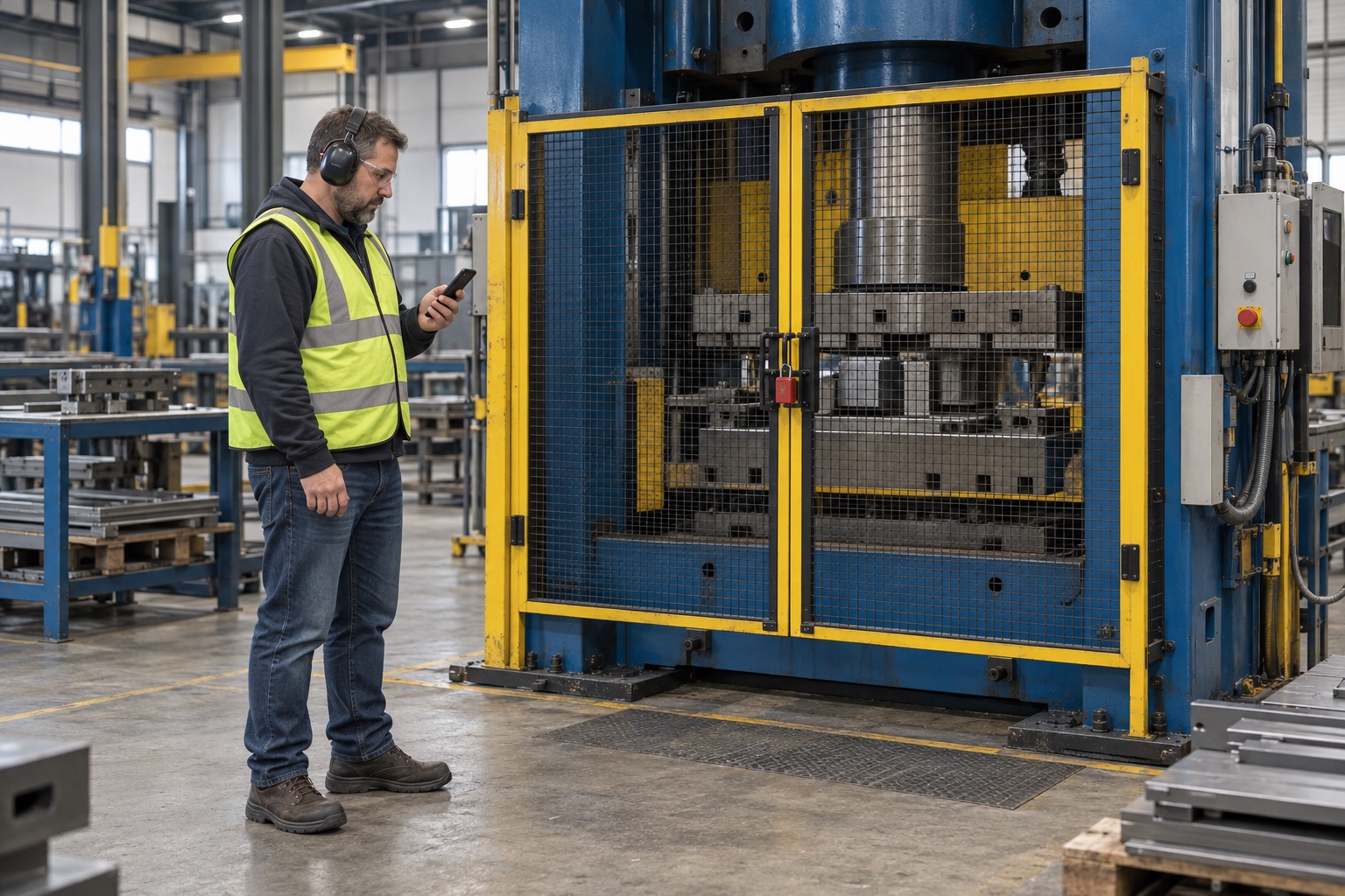 A worker records a safety inspection beside a guarded hydraulic press.