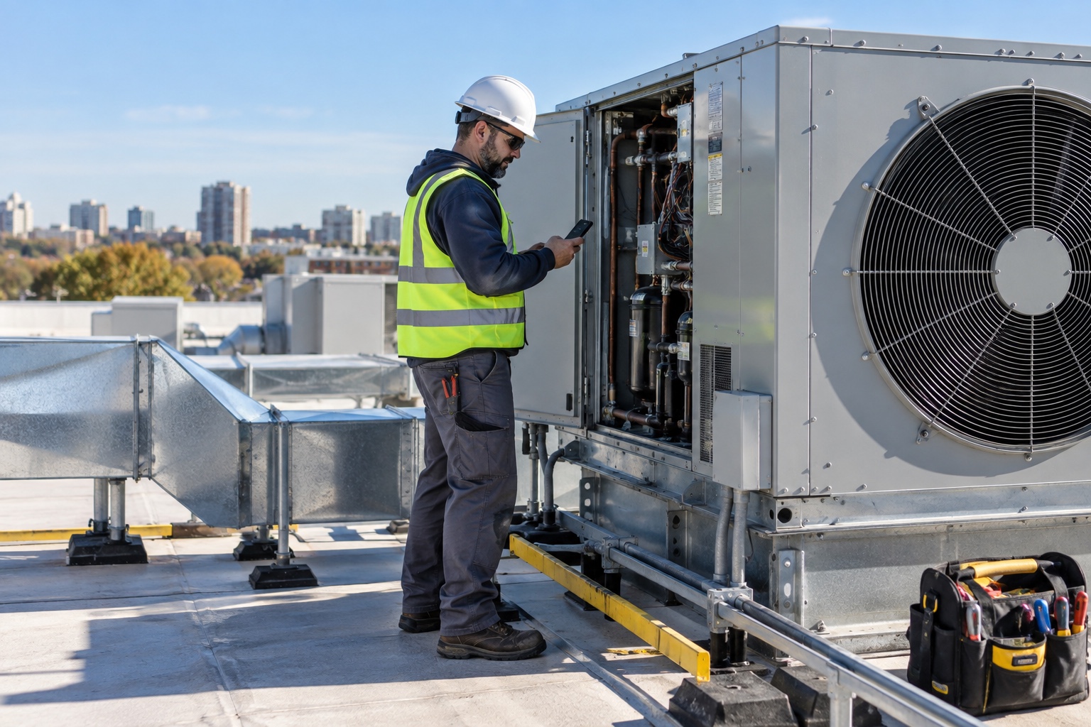 An HVAC technician records a work step on a smartphone beside rooftop equipment.