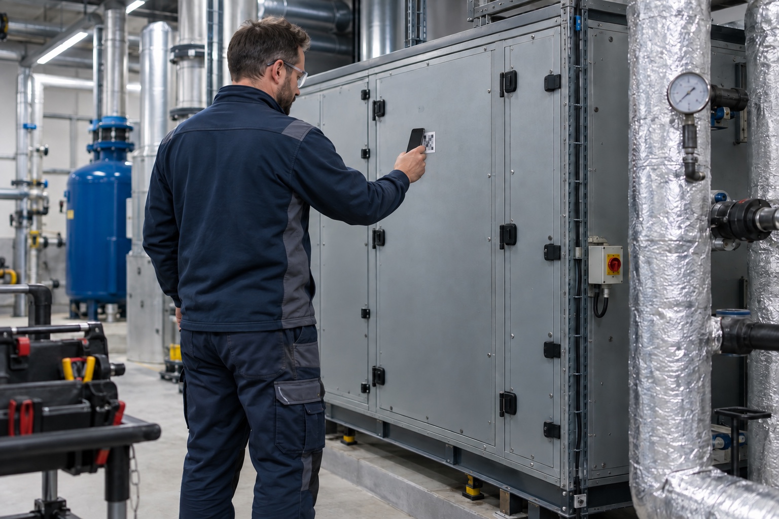 A technician holds a phone near a label on closed mechanical equipment.