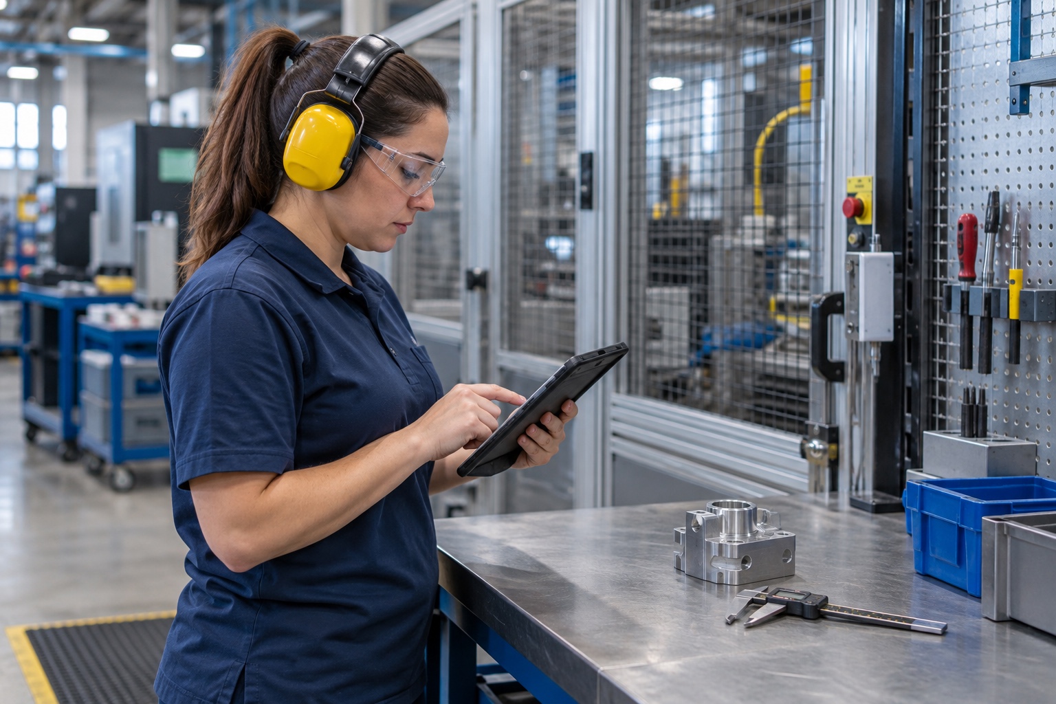 A manufacturing operator records a quality check on a tablet at a guarded inspection station.