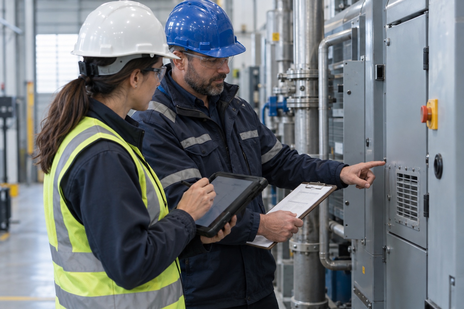 A field manager and technician review an inspection checklist beside service equipment.