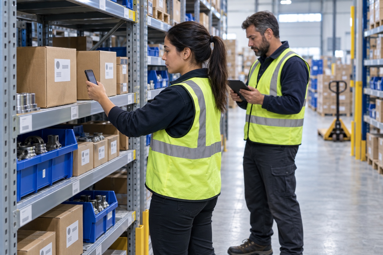 Two warehouse workers scan and verify parts during a controlled physical inventory count.
