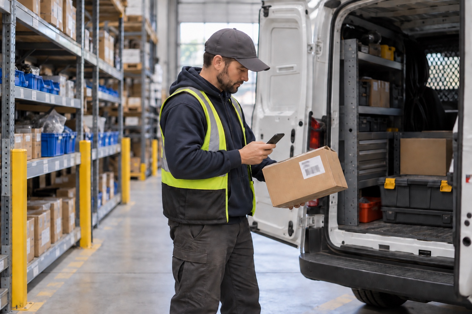 A worker scans tagged parts while moving stock from warehouse shelving to a service van.